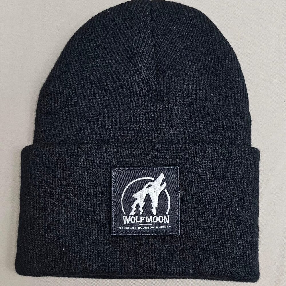 Wolf Moon Bourbon Whiskey Black Beanie Hat Paramount Apparel Embroidered Patch